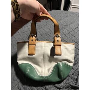 Coach Authentic Small Handbag Canvas Leather Cream And Green Zip Closure